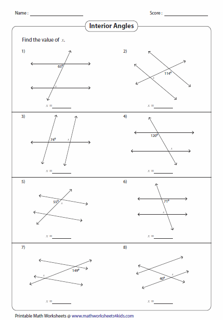 Printable Intersecting Angles Worksheet