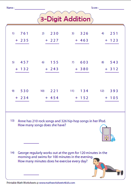 Addition Worksheets Three Digit Numbers