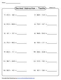 decimal horizontal subtraction worksheets