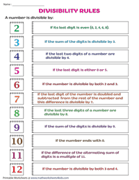 Divisibility Test Worksheets  Divisibility Rules from 2 to 12