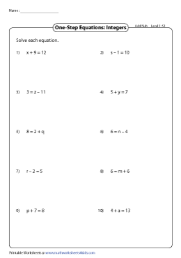 One Step Equations With Integers Worksheet