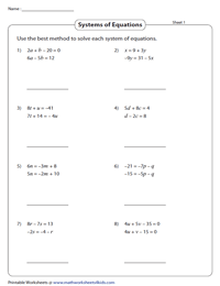 Solving Systems of Equations Worksheets with Two Variables