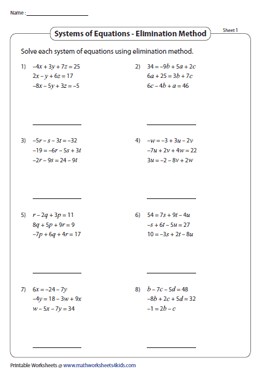 solving equation systems by elimination worksheets