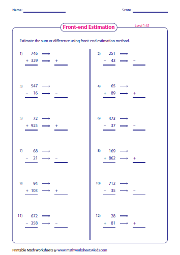 Estimating Sums Differences Worksheets