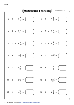 subtracting fractions from whole numbers worksheets