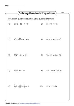 solving quadratic equations using the formula worksheets