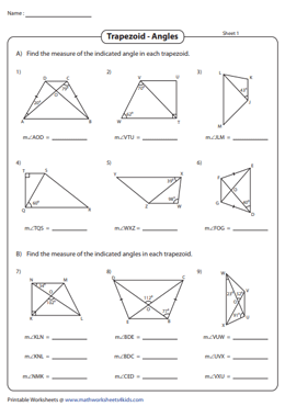 Finding Angles Of A Trapezoid Using Properties Worksheets
