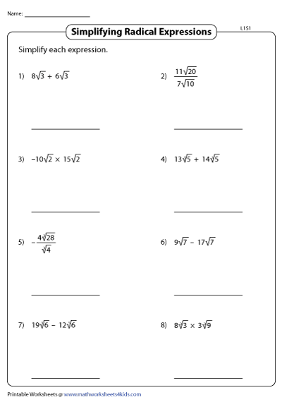 Adding And Subtracting Radicals Worksheet : Math 10 And 11 Multiplying