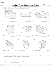 Surface Area Of Rectangular Prisms Worksheets