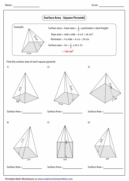surface area of a pyramid worksheet