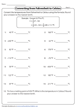 The Converting Between Fahrenheit and Celsius with No Negative Values (A)  math worksheet from th…