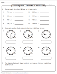 Convert Between 12 Hour And 24 Hour Clocks Worksheets